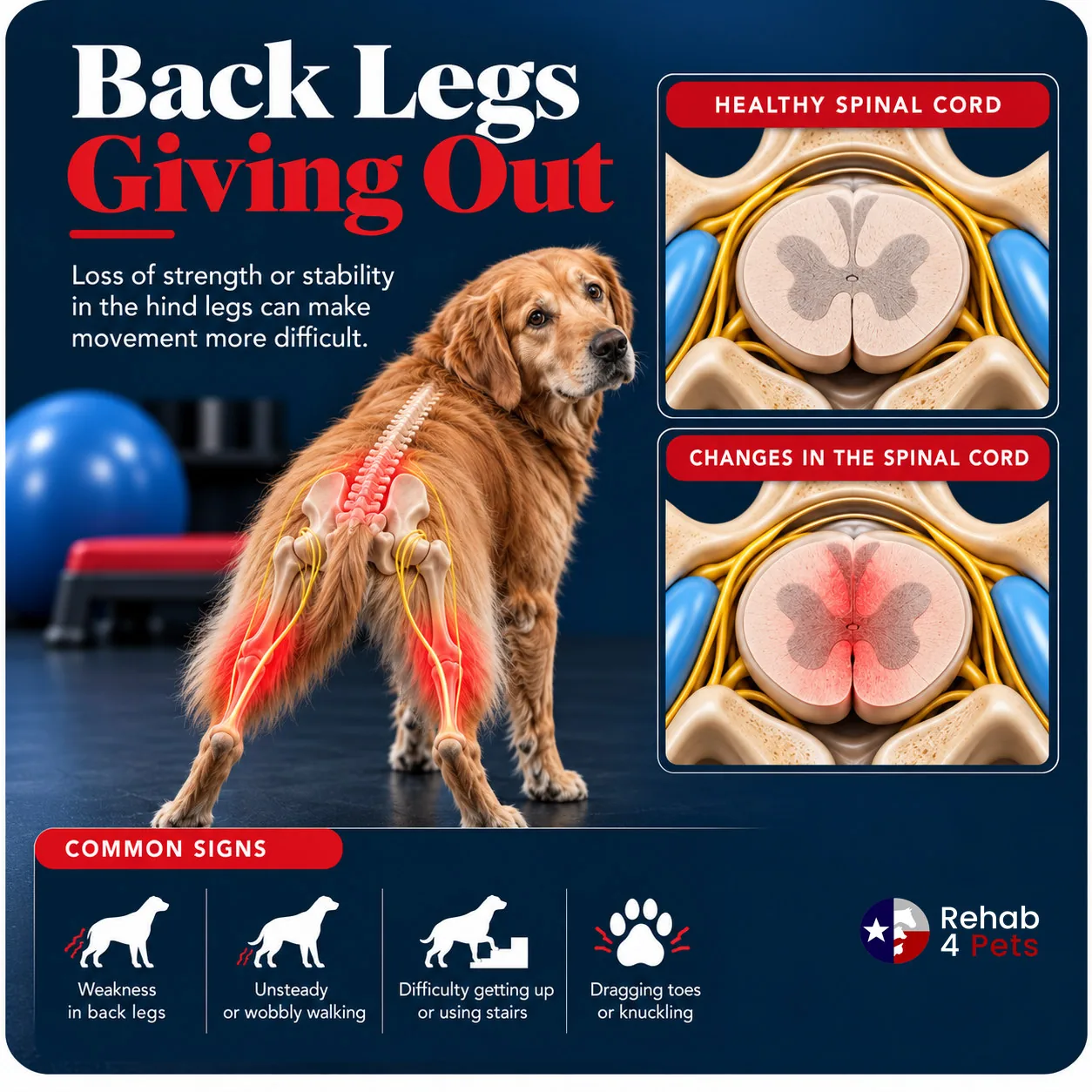 A dog with hind-leg weakness beside cross-sections of a healthy spinal cord and a changed one.