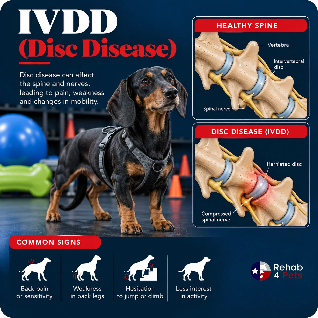 A dachshund beside a healthy canine spine and a herniated disc pressing on the spinal nerve.