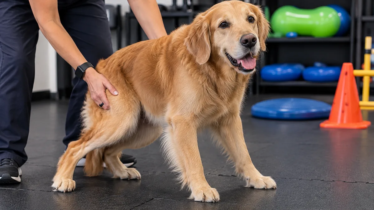 A senior golden retriever standing while a practitioner steadies his hindquarters