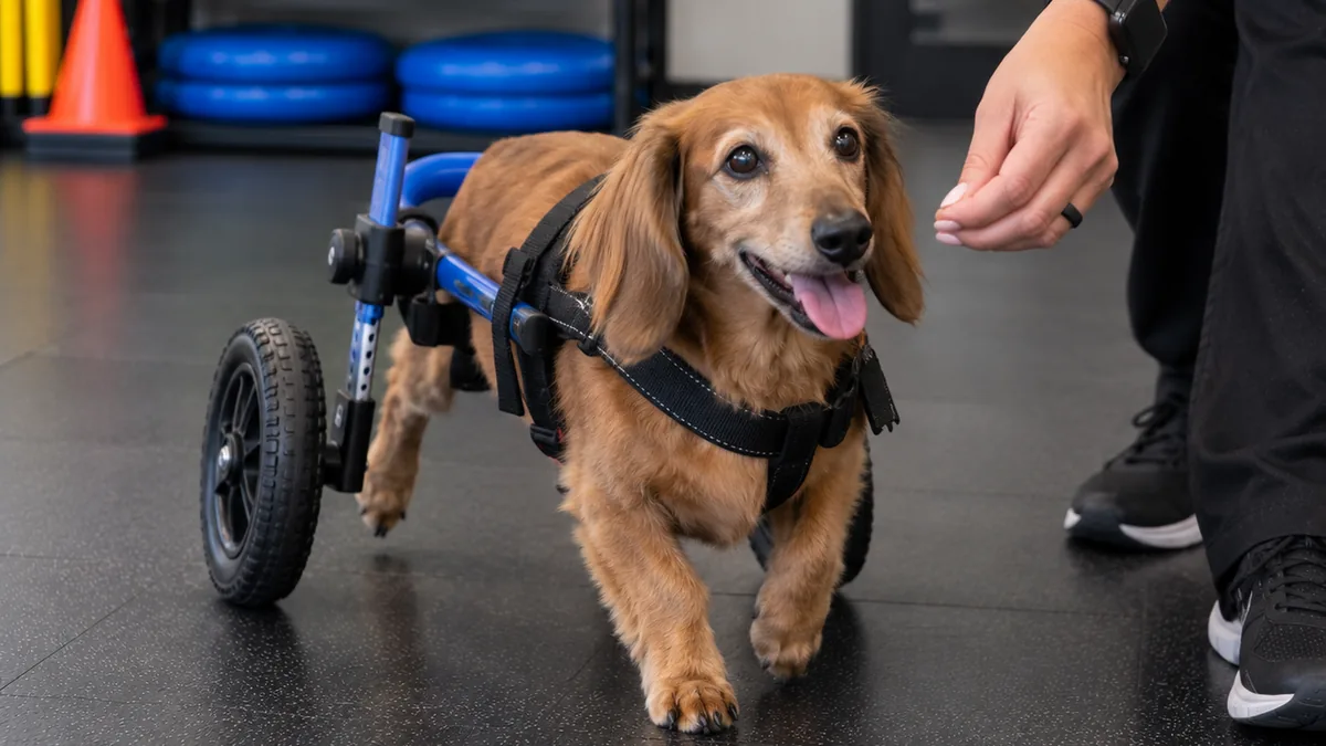 A long-haired dachshund walking in a blue rear-support cart while a practitioner encourages him forward