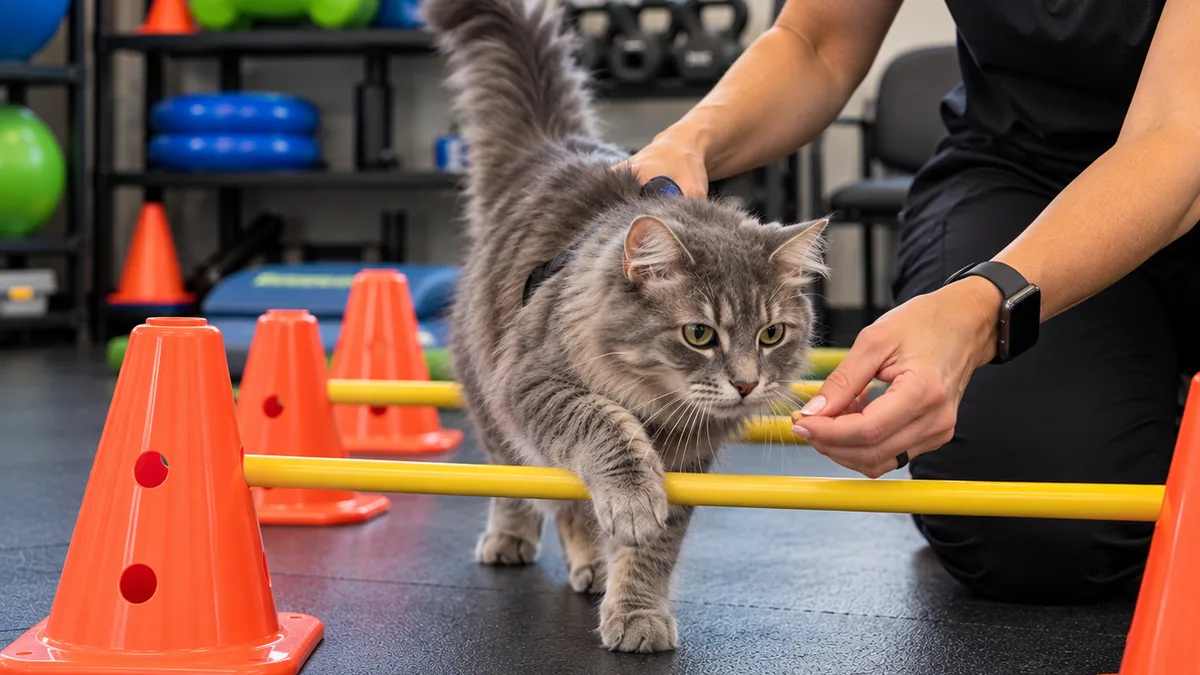 A grey longhaired cat stepping over a low pole between cones while a practitioner guides her with a treat