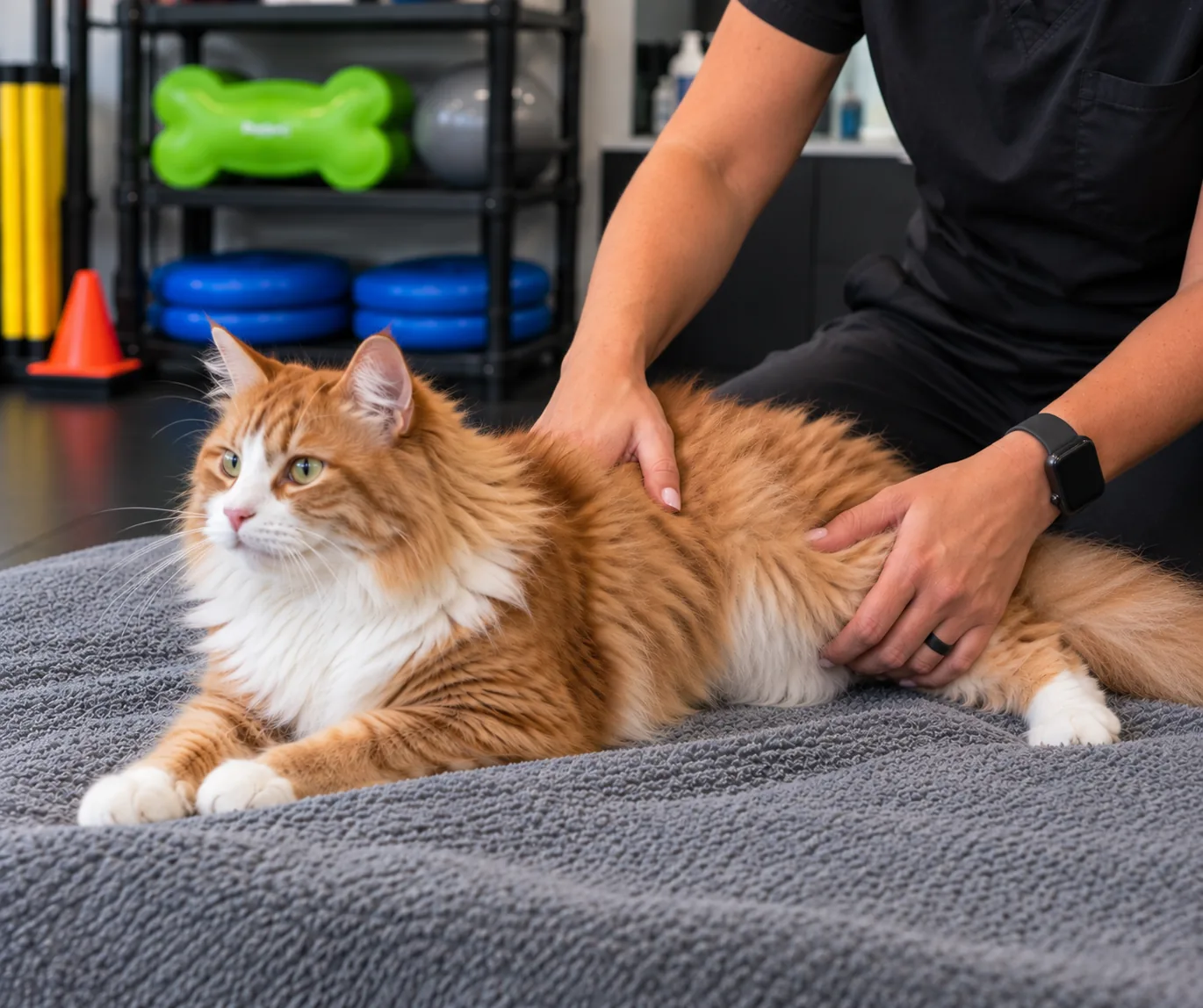 An orange-and-white long-haired cat relaxing on a mat during gentle hands-on therapy