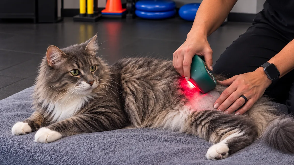 A grey longhaired cat lying settled on a towel while a practitioner treats her hip with a laser handpiece