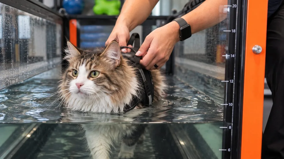 A tabby-and-white longhaired cat walking in the water treadmill in a harness, held gently by a practitioner