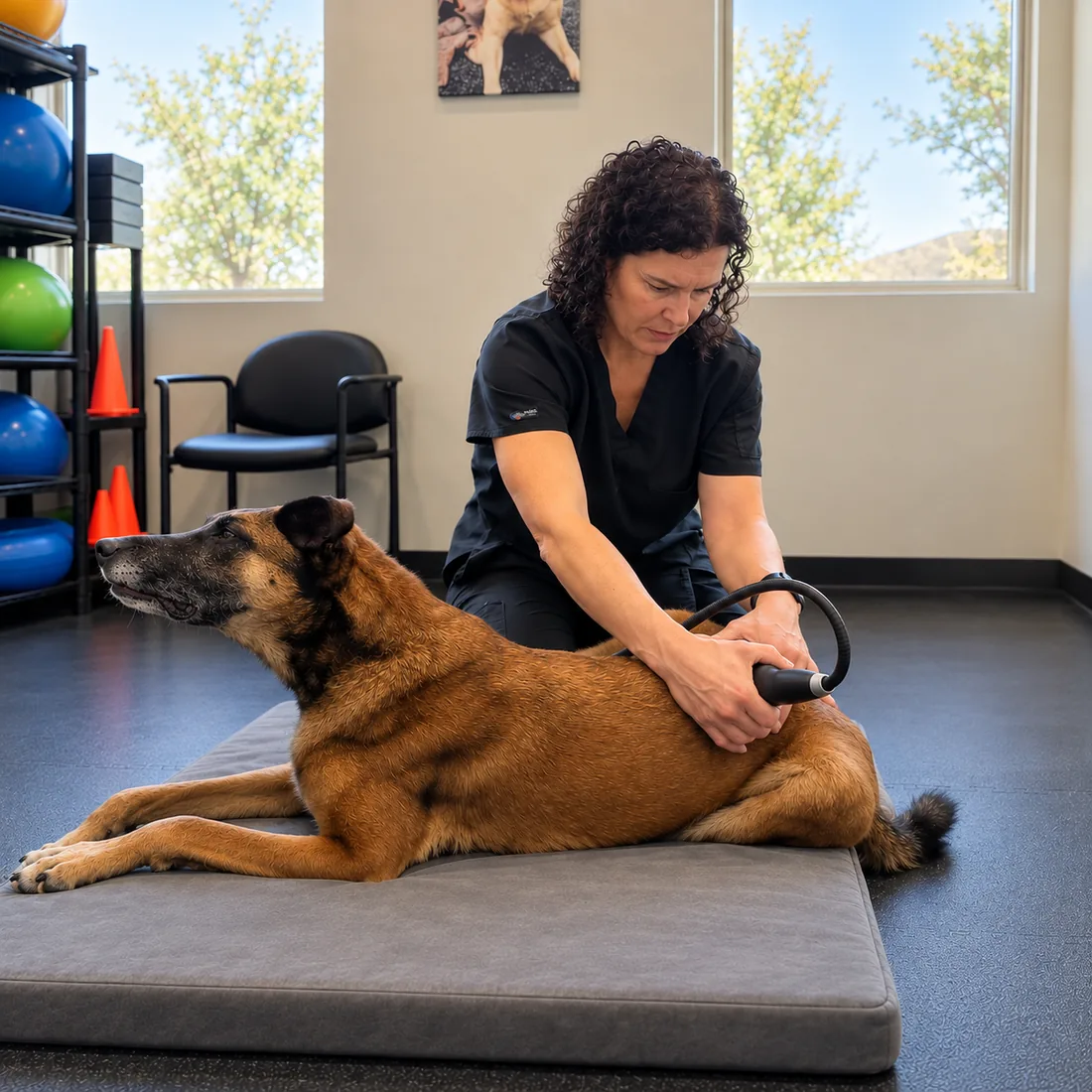 Dr. Michele Broadhurst kneeling beside a Belgian Malinois on a floor mat, working along his hindquarters with a handheld therapy applicator