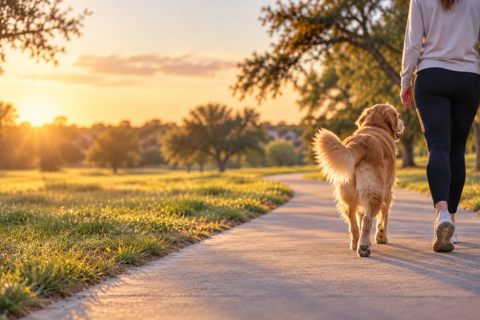 A senior golden retriever walking happily beside his Pet Parent along a park trail at sunset
