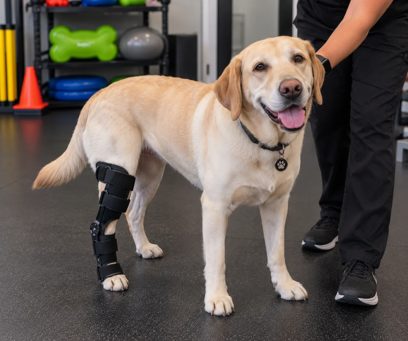 A cream Labrador standing with a supportive brace on one hind leg