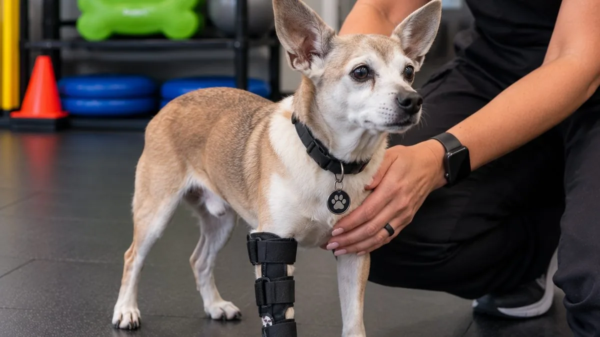 A small dog standing with a supportive brace on one hind leg