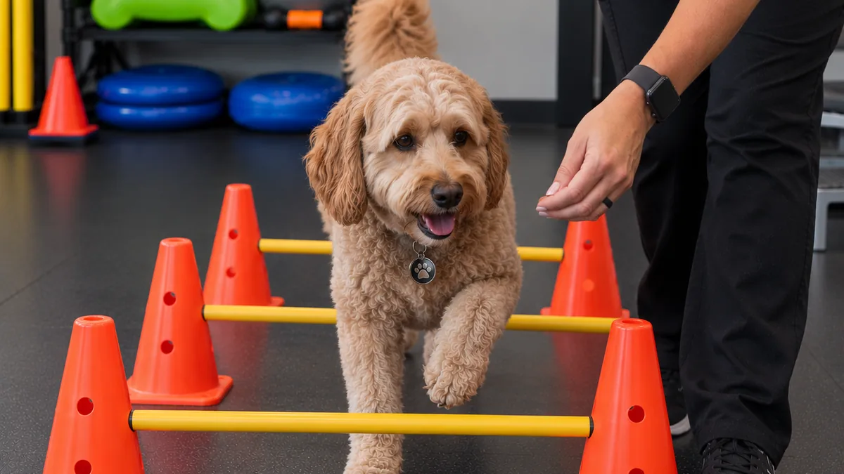 A goldendoodle stepping over a low pole between cones while a practitioner guides him forward with a treat