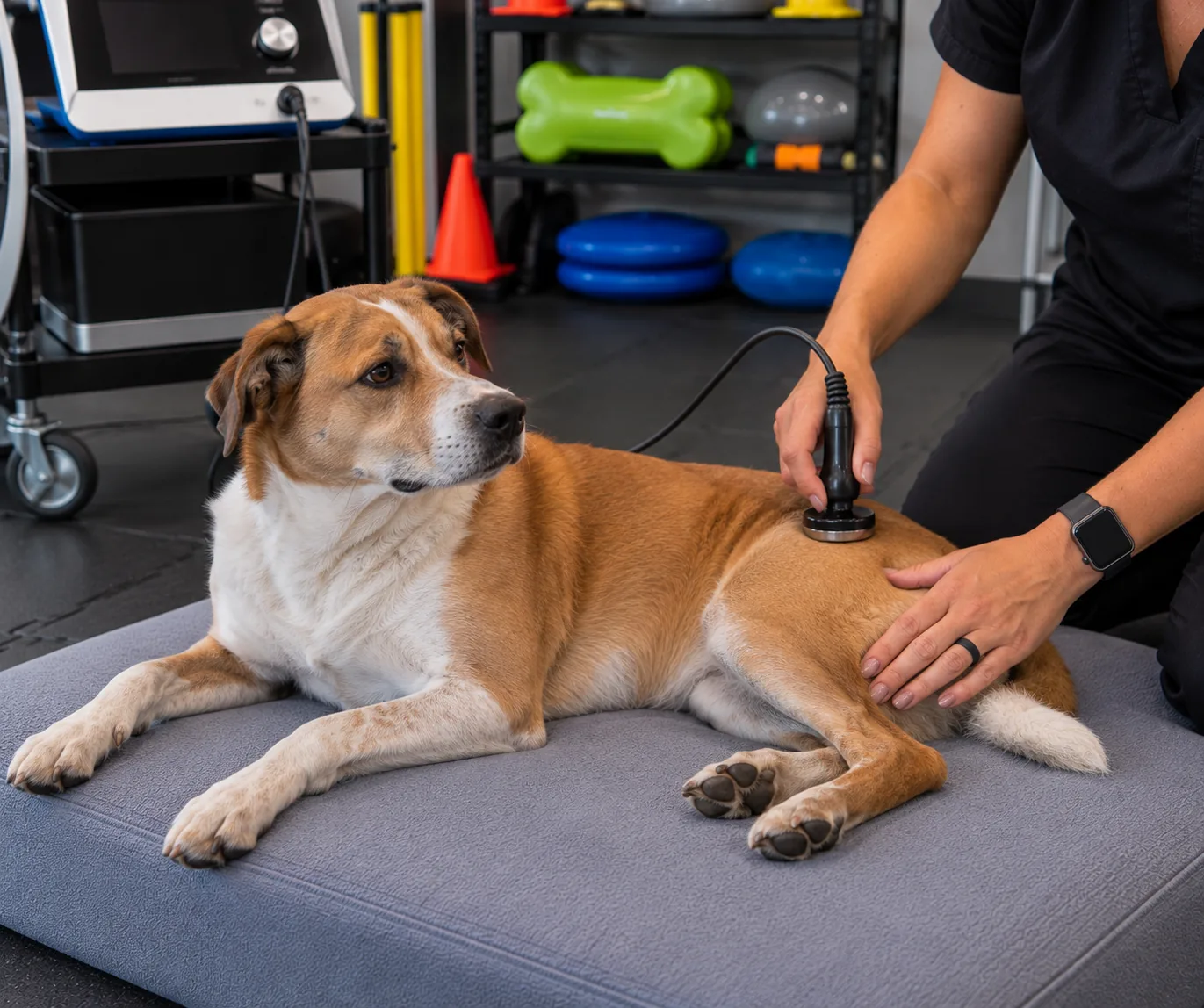 A tan-and-white dog lying on a mat during deep heat therapy along his side