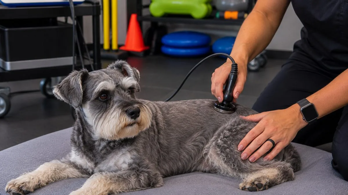 A schnauzer resting on a cushion during deep heat therapy along his neck