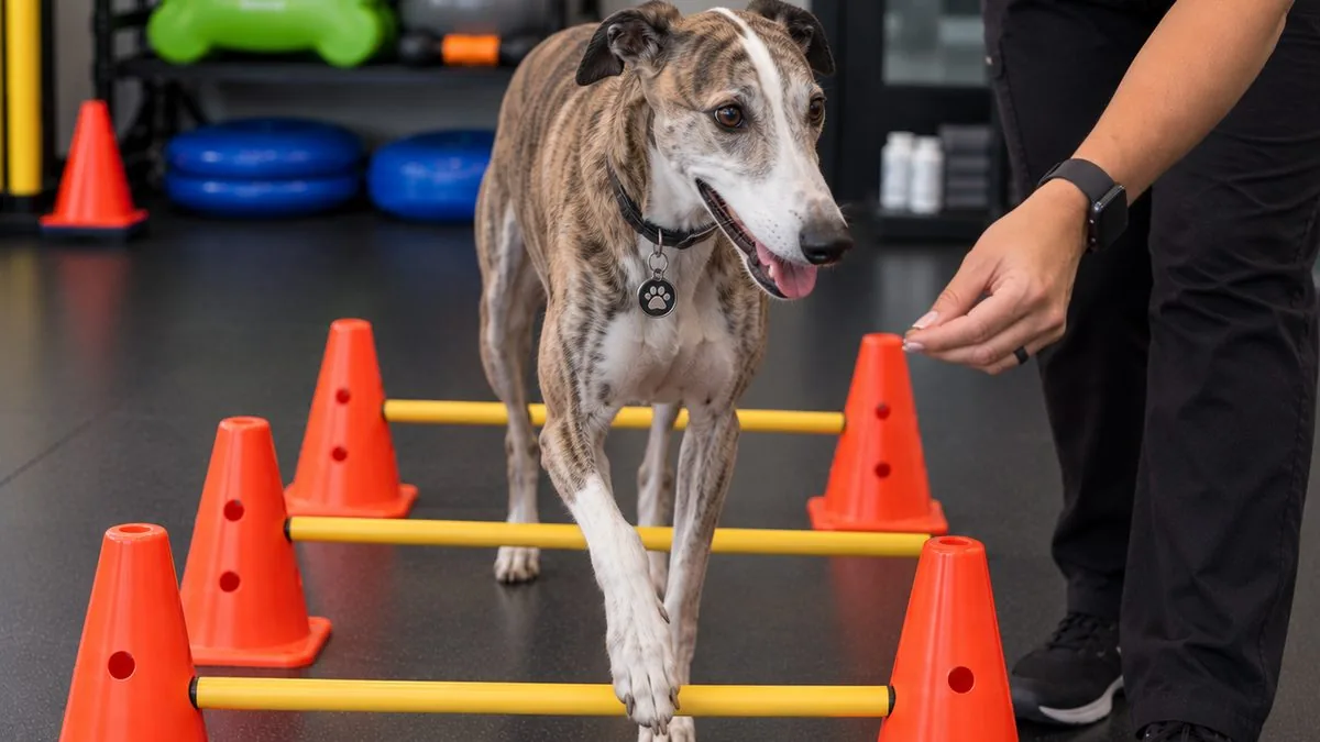 A brindle sighthound stepping over low poles during an exercise session