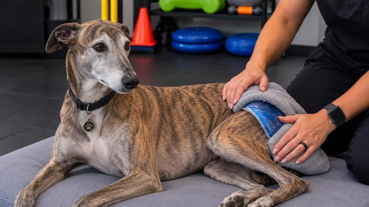 A brindle greyhound resting while a practitioner holds a cold pack against his hind leg