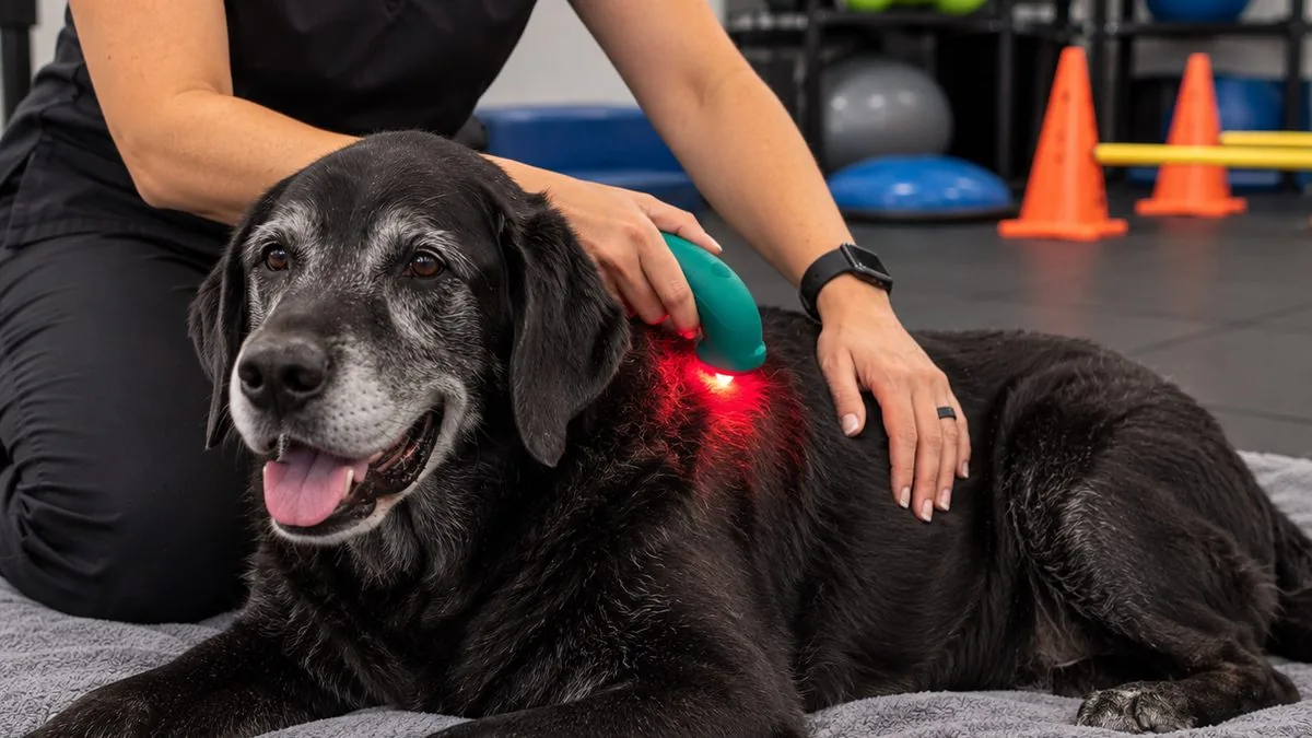 A gray dog lying on a towel while a handheld therapeutic laser is passed over his back