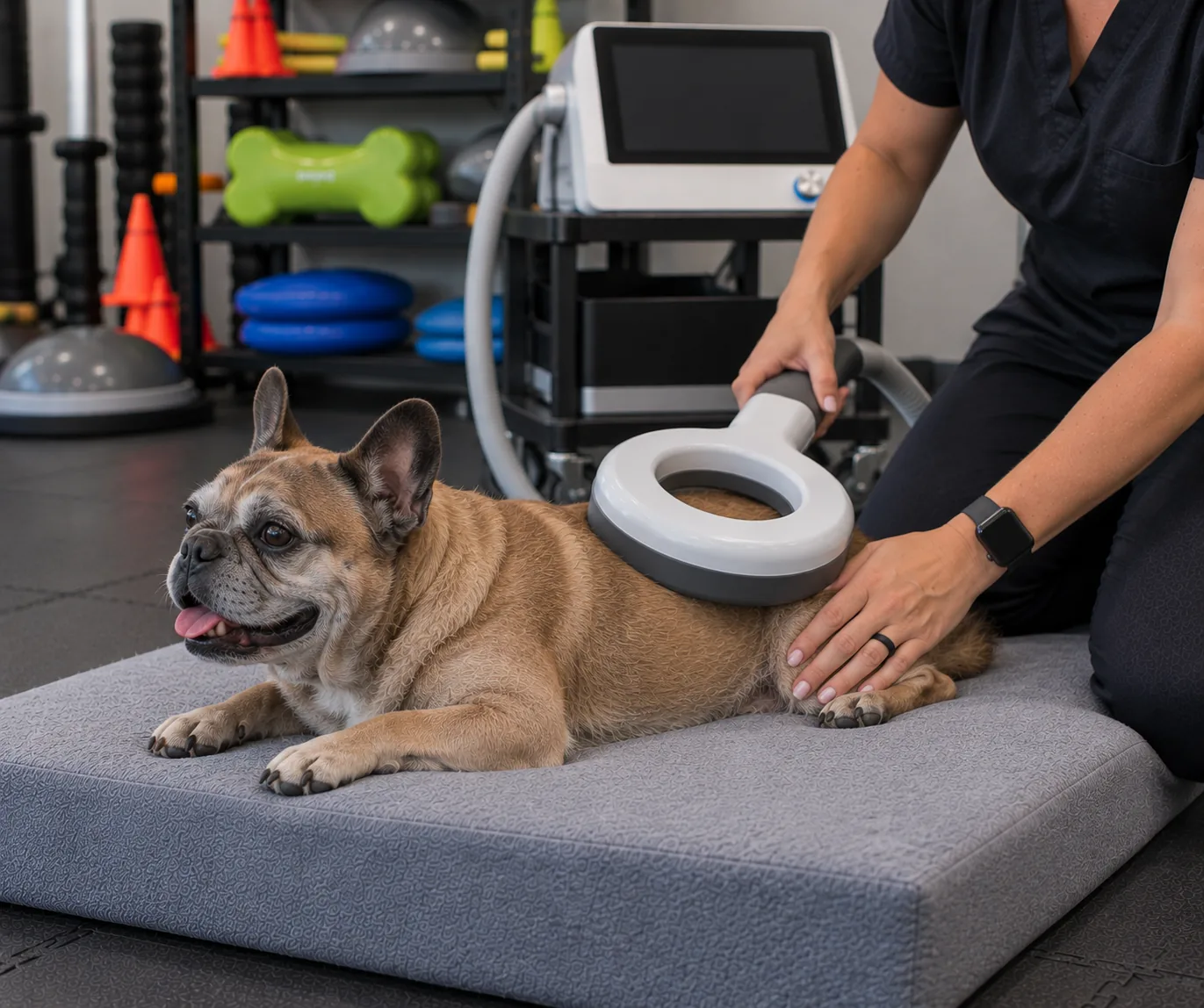 A French bulldog resting on a mat with a white magnetic therapy ring held at his shoulder
