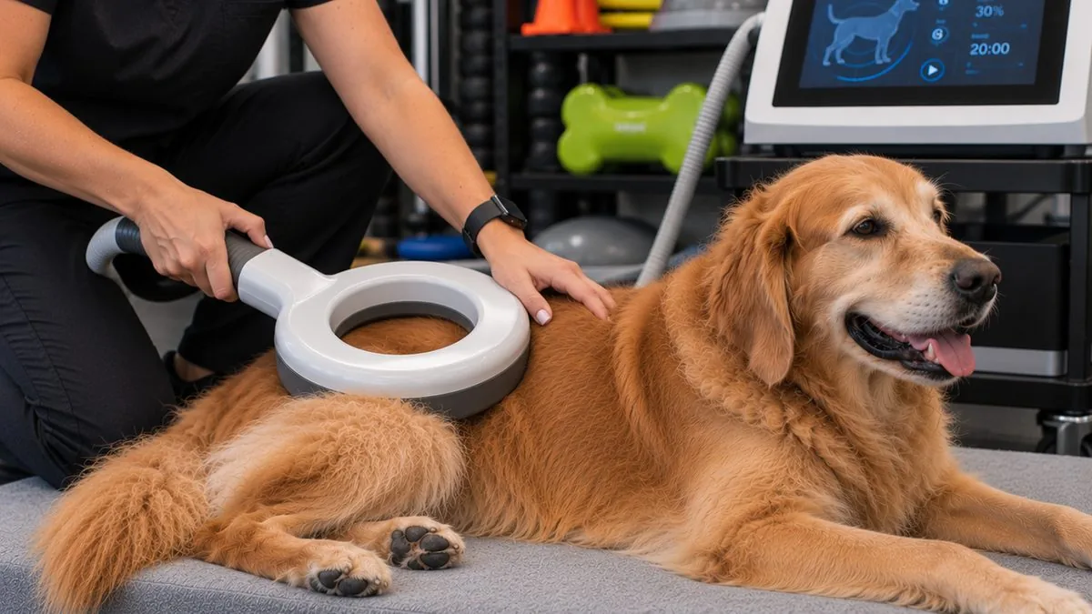 A brindle dog lying calmly with a magnetic therapy ring at his shoulder