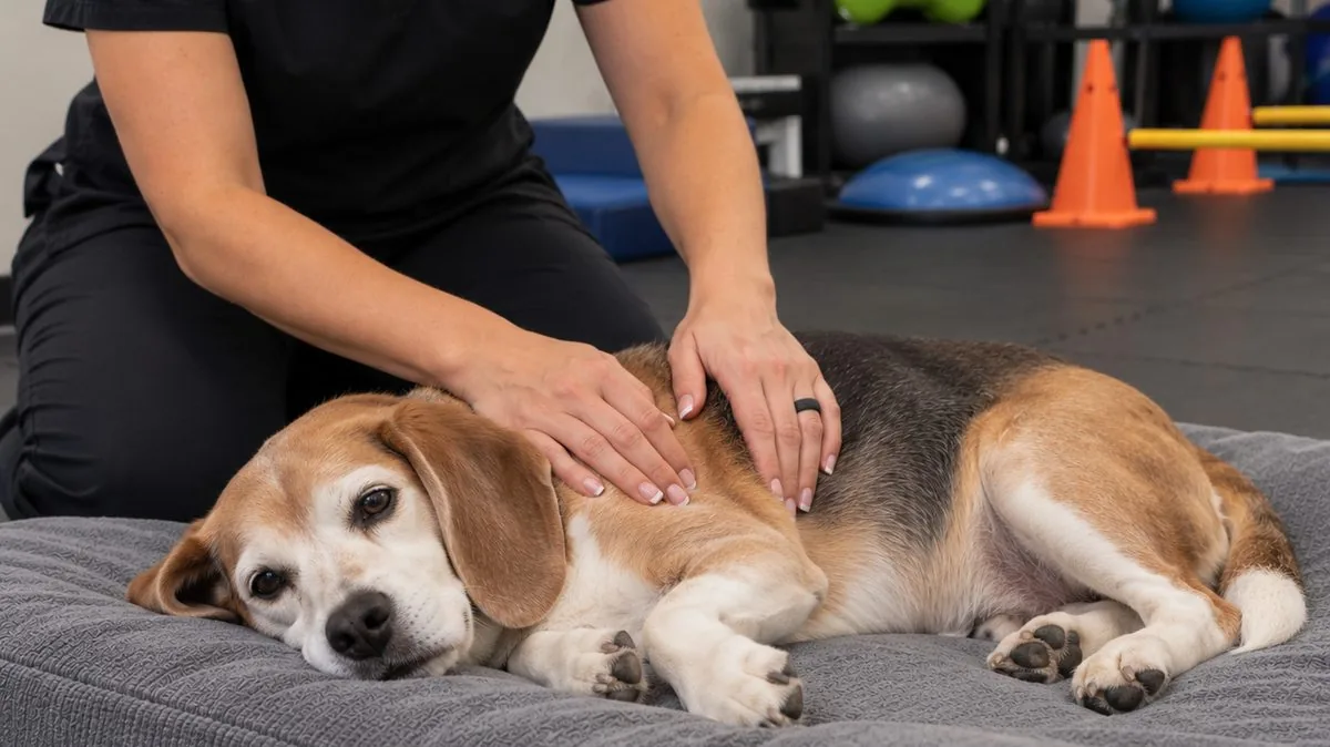 An older beagle resting on a mat during a gentle massage