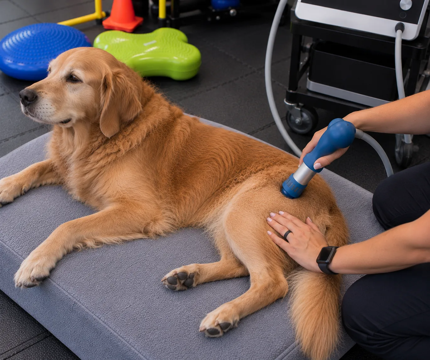 A golden retriever lying on a mat while a shockwave applicator is held to his hip