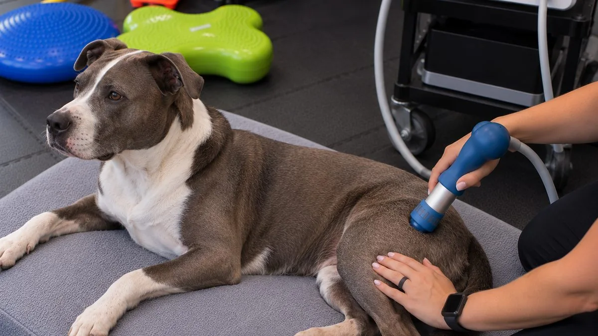 A black dog resting on a towel while two practitioners apply a shockwave probe