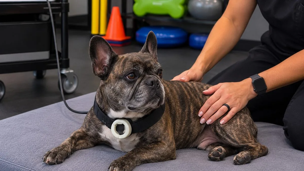 A brindle French bulldog resting with a small PEMF loop on his collar strap