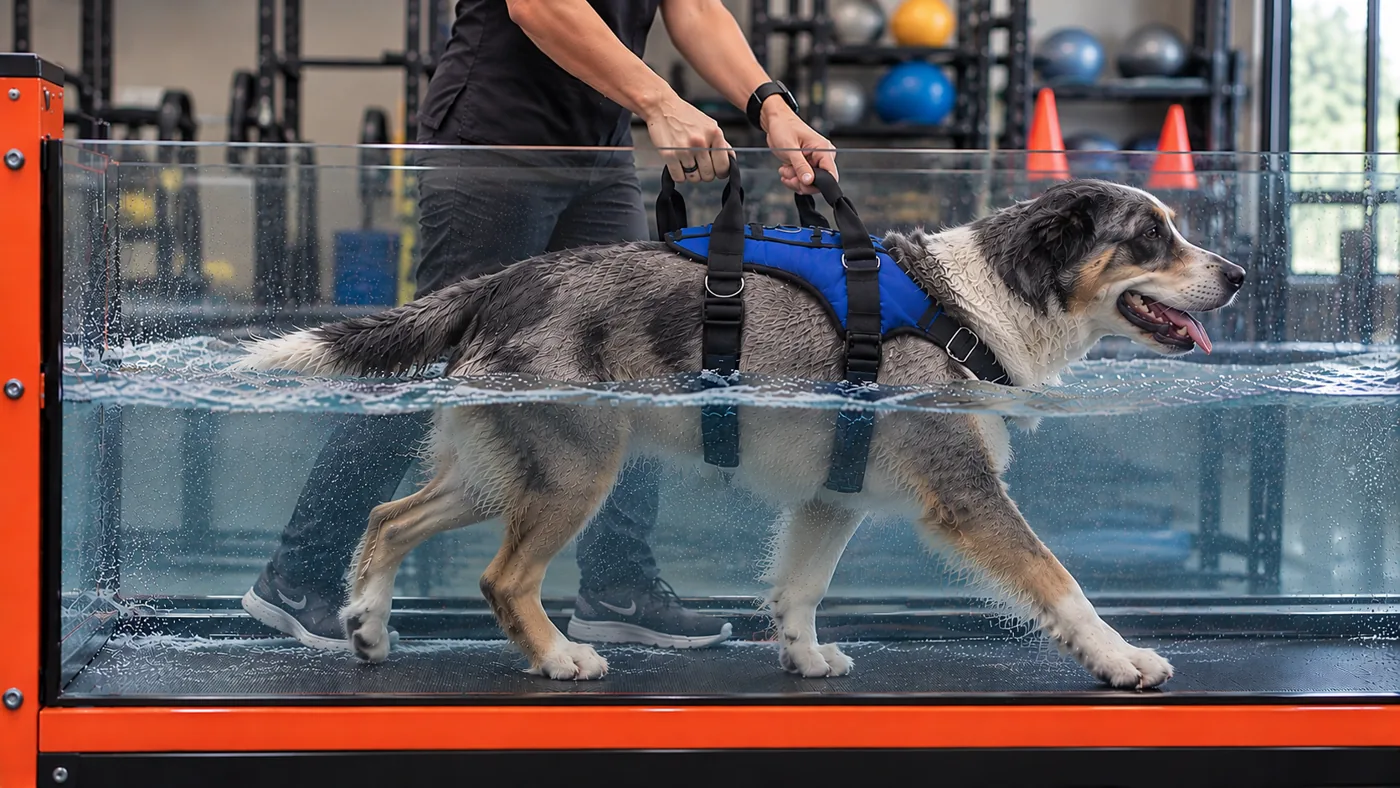 A merle dog walking in the underwater treadmill in a blue harness, seen from the side