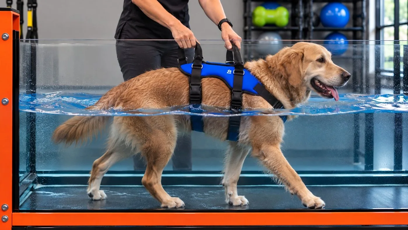 A tan dog in a flotation harness walking in the underwater treadmill