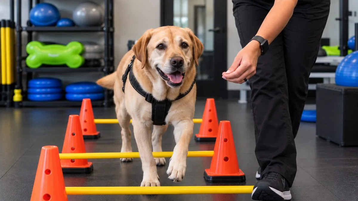 A yellow Lab walking over low poles during a weight management session